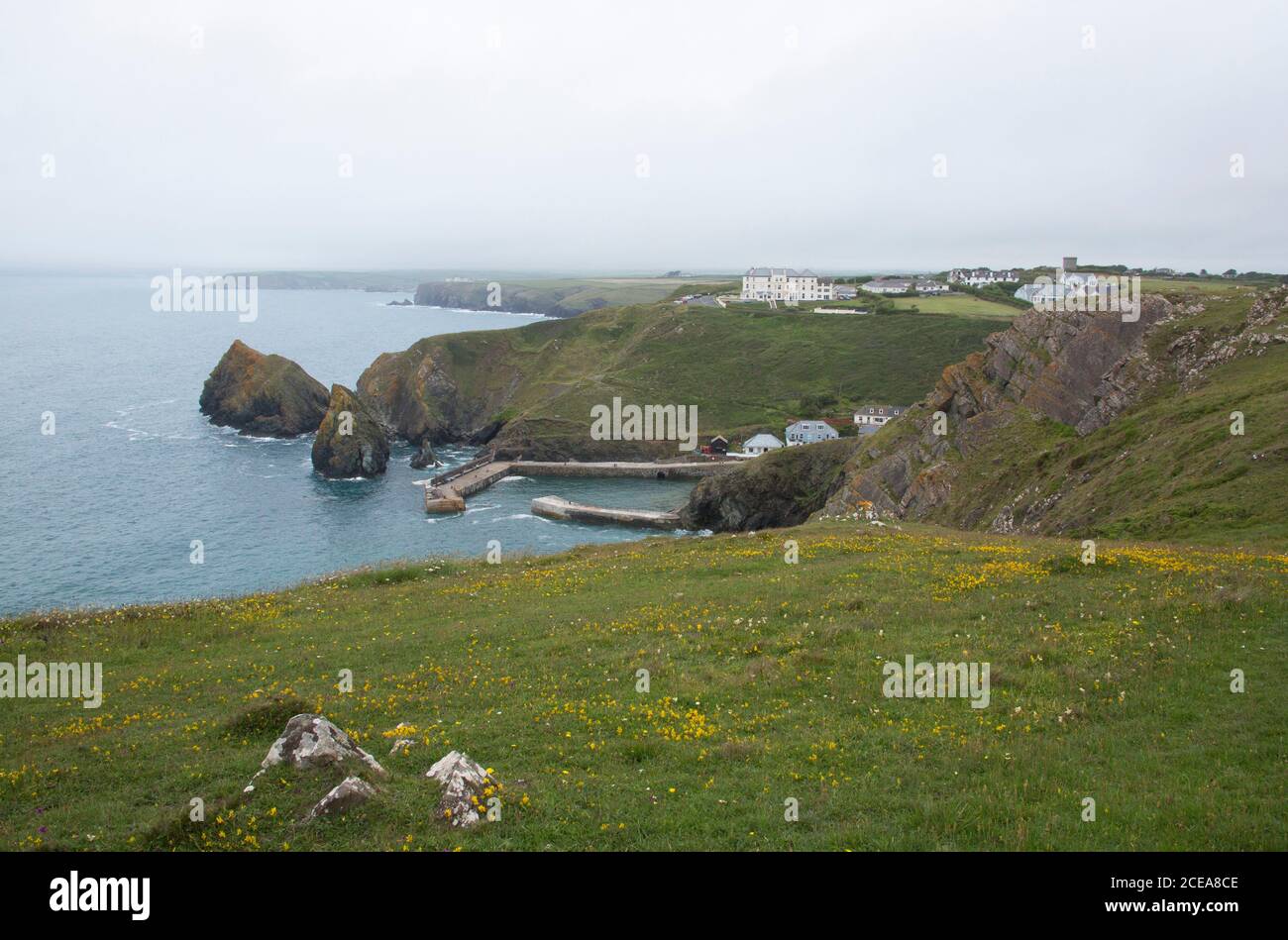View Mullion Cove harbour and coastline from Mullion and Predannack