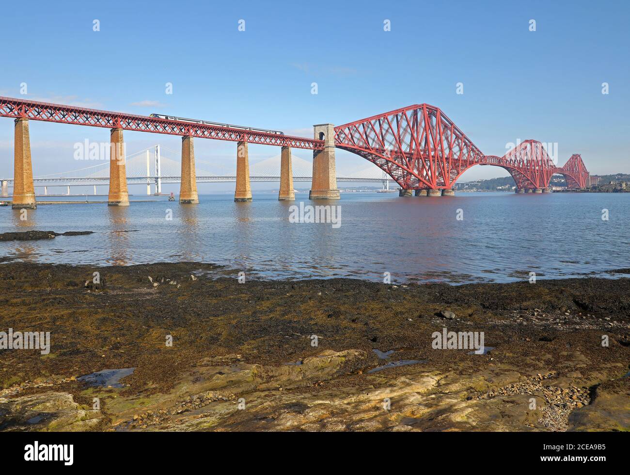 A Intercity7 HST heads over the Forth Bridge on a Aberdeen to Edinburgh service. Stock Photo