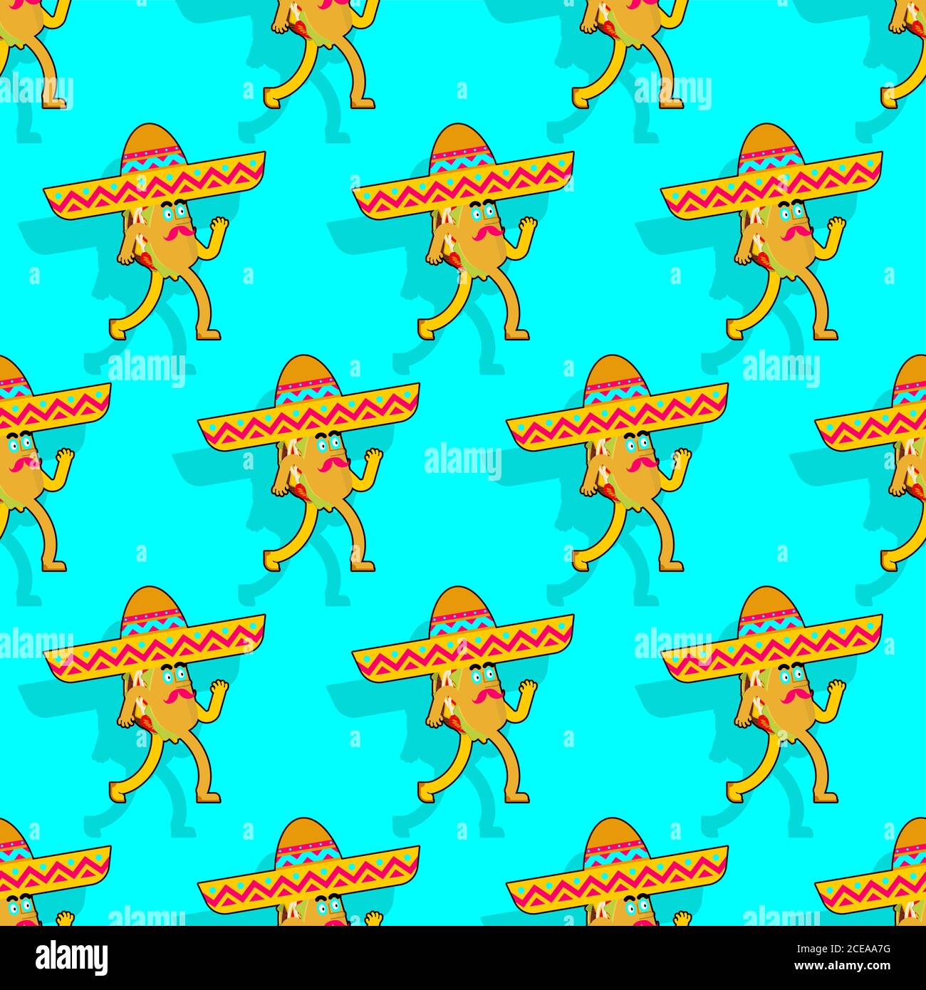 Cartoon taco in sombrero pattern seamless. Mexican fast food in hat