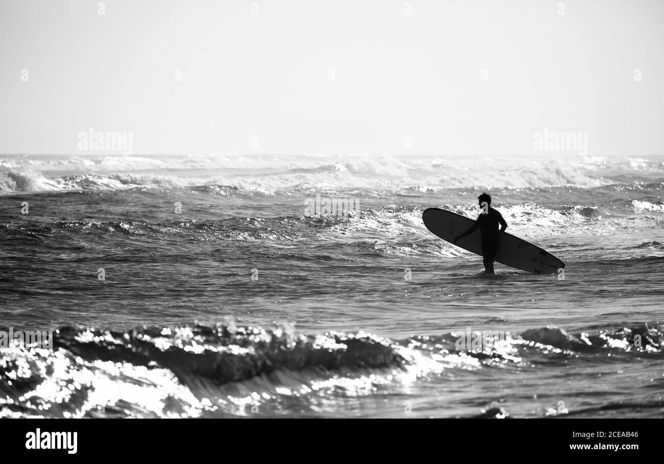 Surfer on the ocean beach in the morning. Water sports activities. Atlantic Ocean, Dominican Republic. 29.12.2016 Stock Photo