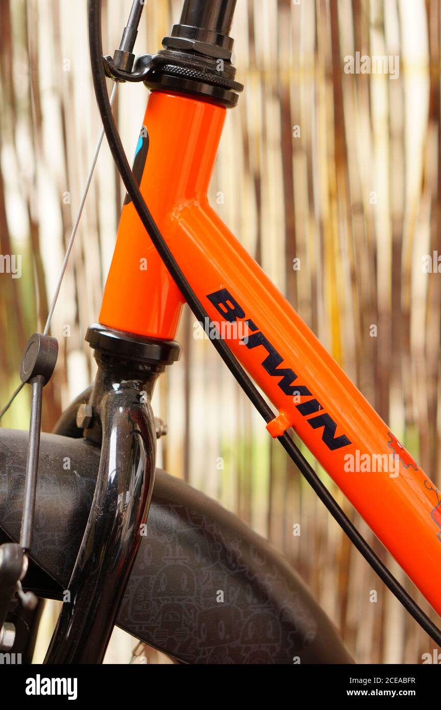 POZNAN, POLAND - Aug 23, 2020: Close up of a orange bicycle frame with Btwin  logo Stock Photo - Alamy