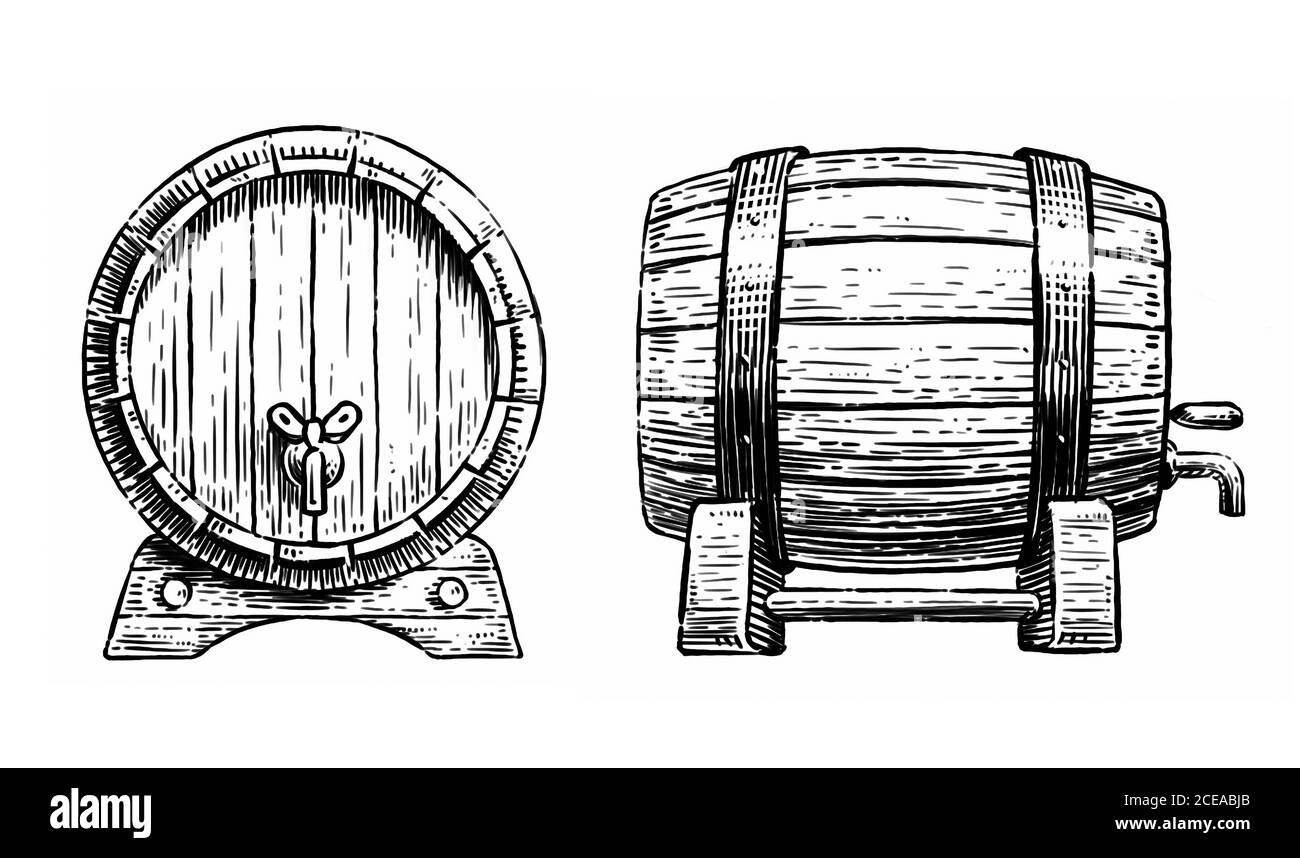 Wooden barrel with faucet sketch. Hand drawn vintage illustration Stock