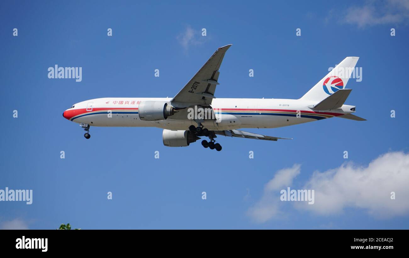 China Cargo Boeing 777 prepares for landing at Chicago O'Hare International Airport. The plane's registration is B-2078. Stock Photo
