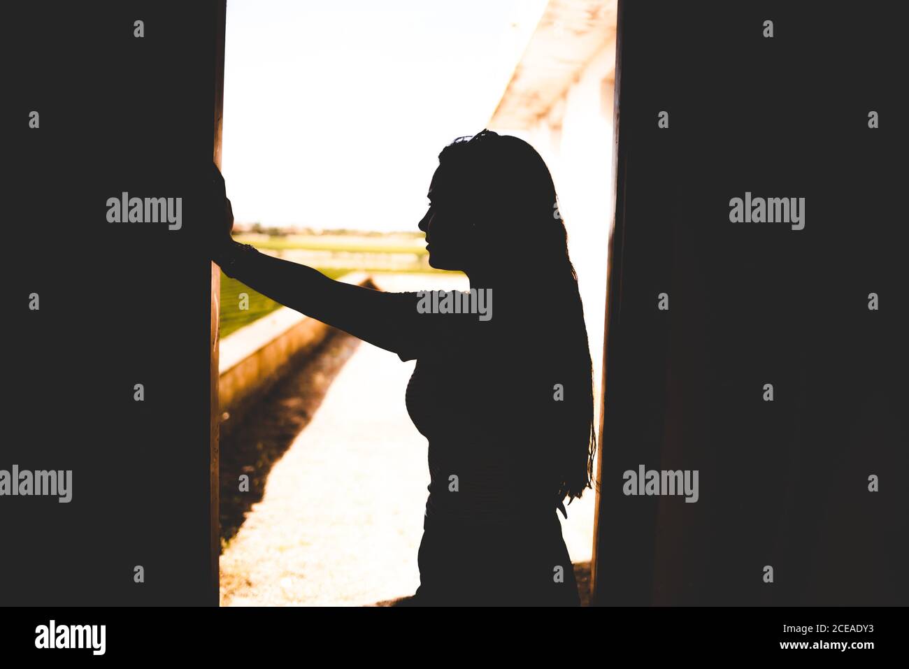 Silhouette of young Woman standing in doorway on background of beautiful countryside. Stock Photo