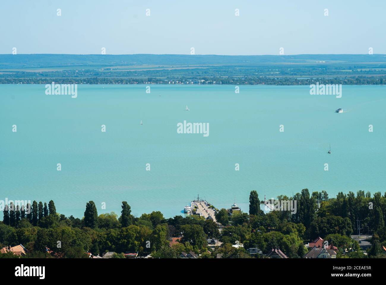 Beautiful view from Badacsony to Lake Balaton in summer. Stock Photo
