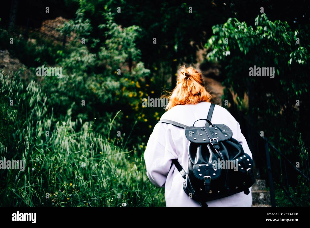 Young Woman with backpack going in forest Stock Photo