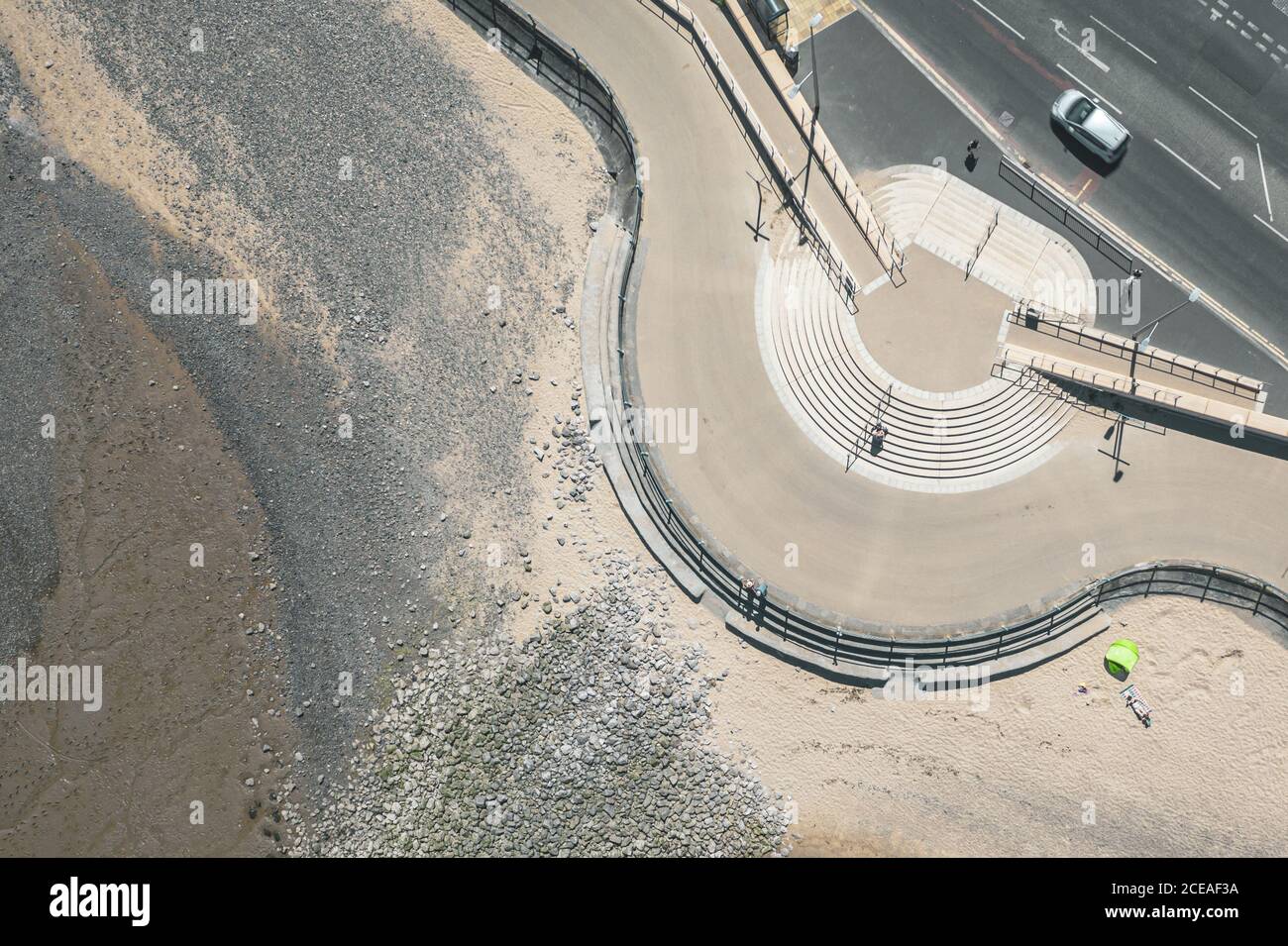 Top down drone shoot over promenade in Morecambe, UK Stock Photo