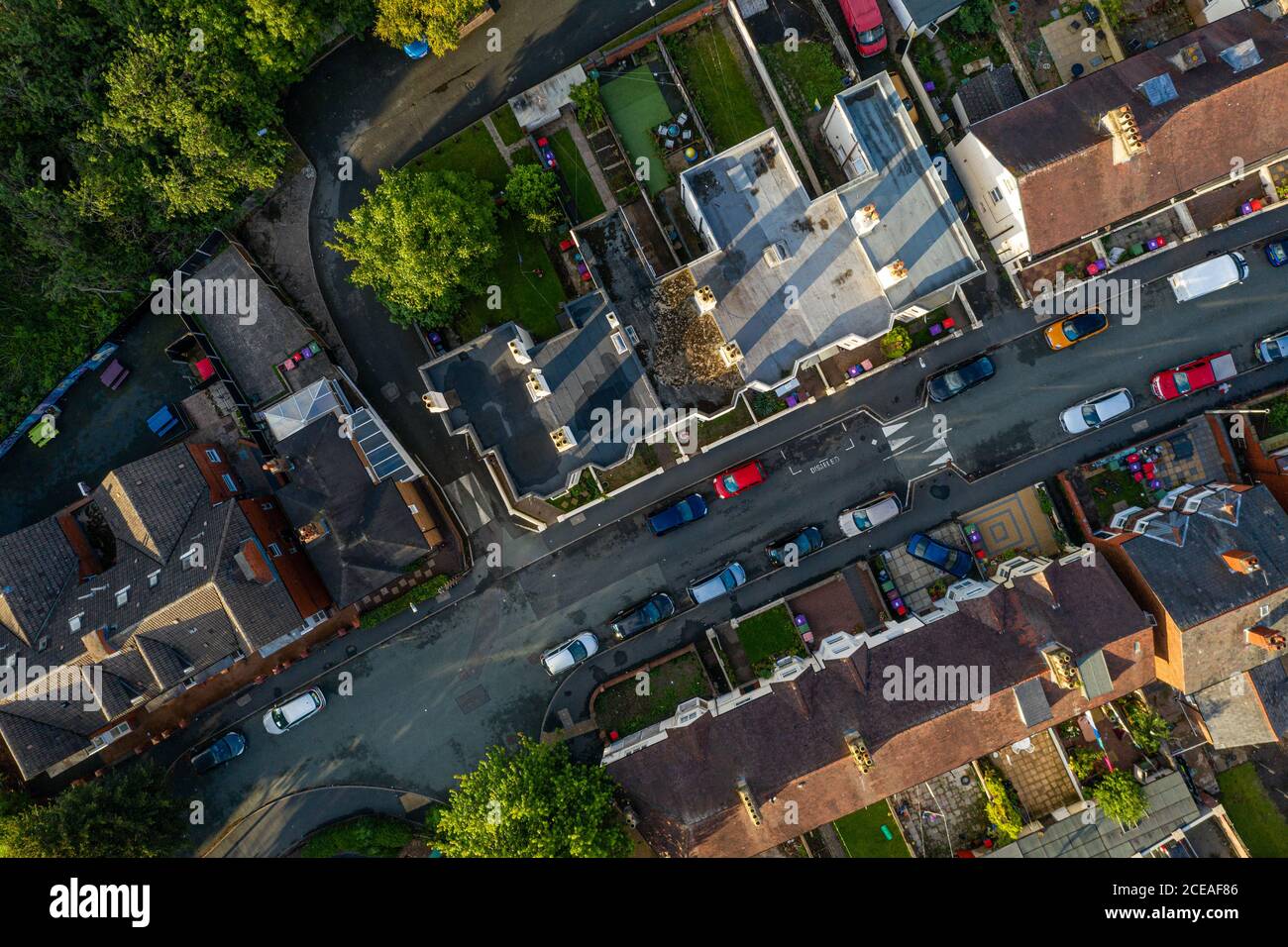 Aerial top down view over residential area in United Kingdom Stock Photo