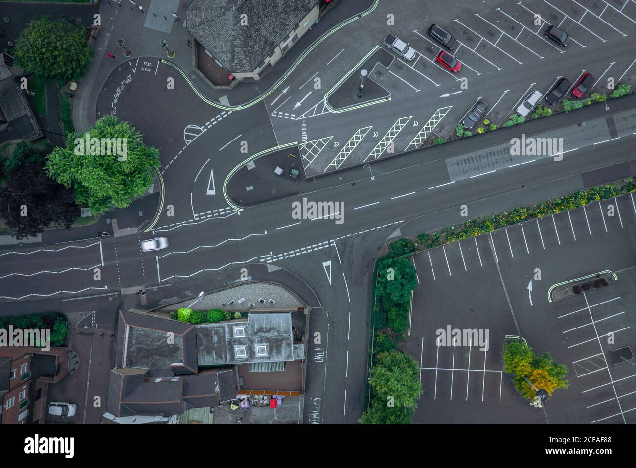 Drone top down view over street and parking lot in United Kingdom Stock Photo