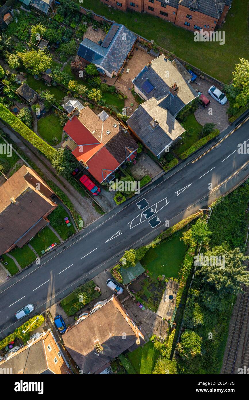 Aerial top down view over residential area in United Kingdom Stock Photo
