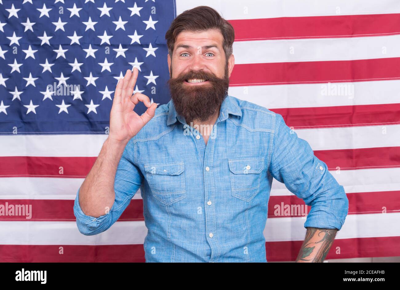 American man journalist reporter USA flag background, excellent and