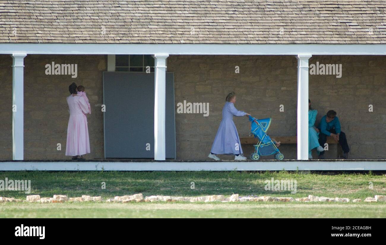 San Angelo, Texas, April 8, 2008: Members of the Yearning for Zion religious community of polygamists based near Eldorado Texas settle in at the Fort Concho historic site. State officials raided the community after allegations of child endangerment and moved hundreds of children to temporary housing while investigations continue into the charges. ©Bob Daemmrich Stock Photo