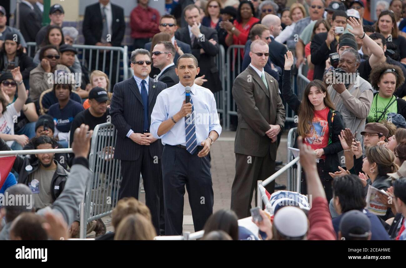 San Antonio, TX  February 19, 2008:  Democratic presidential hopeful Barack Obama speaks to a predominately Mexican-American crowd outdoors at Plaza Guadalupe on San Antonio's west side. A crowd of about 2,500 heard him speak about his aspirations if he becomes President. ©Bob Daemmrich Stock Photo