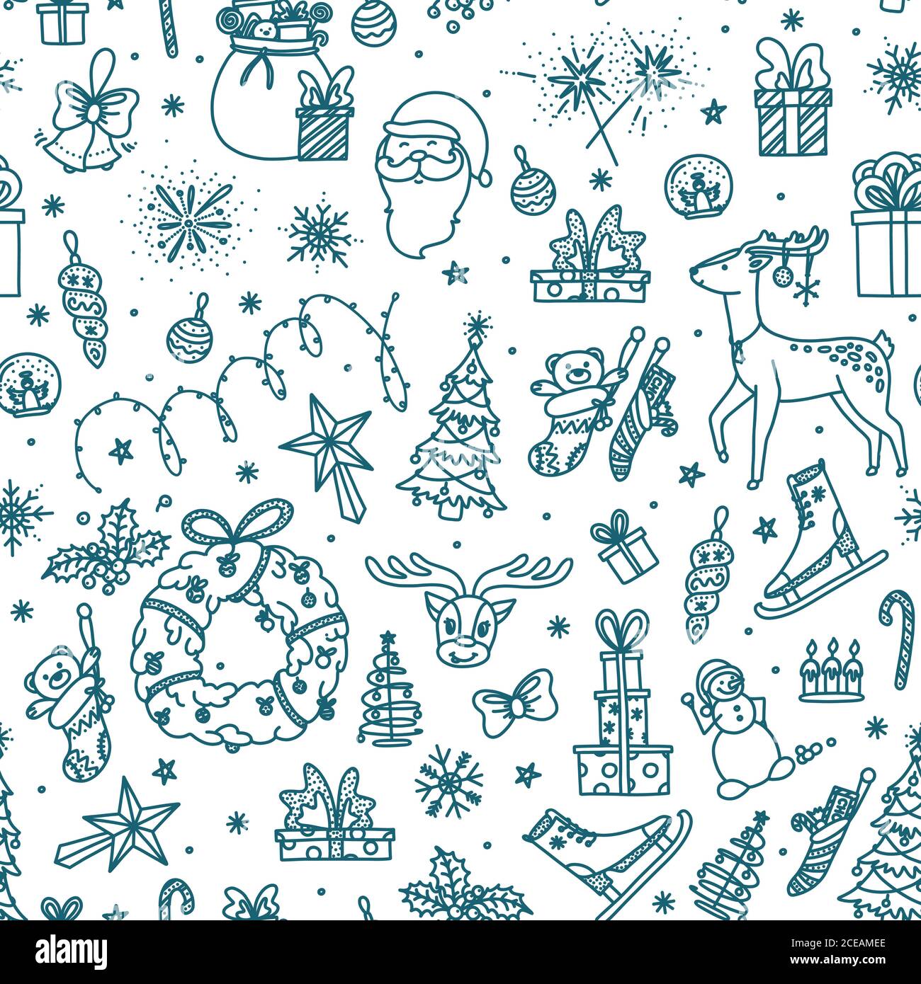 Merry Christmas seamless pattern with toys, presents, reindeer and other  objects. Background sketch on Christmas topic. Vector illustration in  doodle Stock Vector Image & Art - Alamy