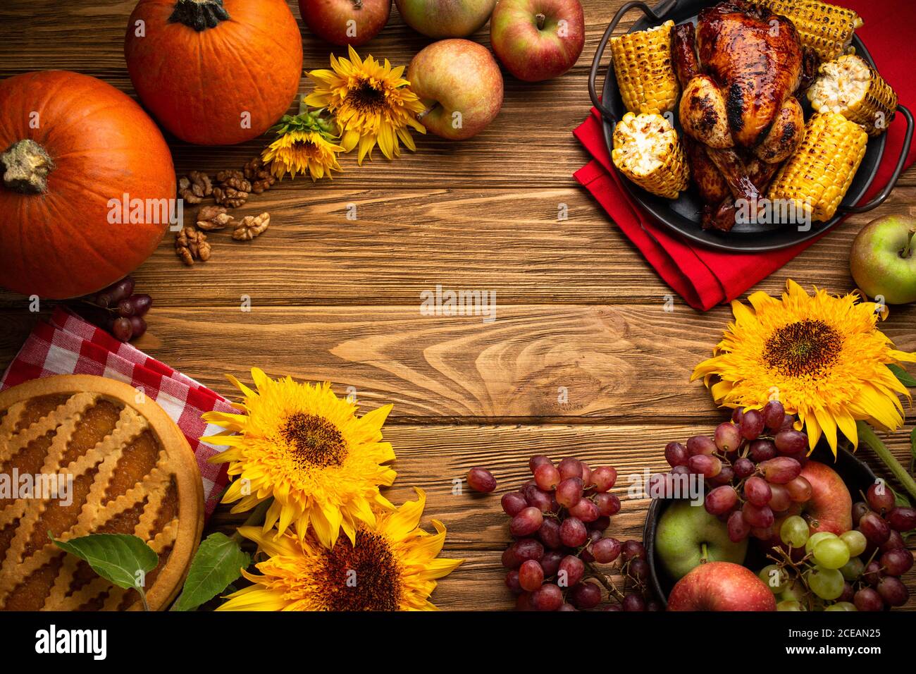 Thanksgiving festive table composition with roasted turkey, pumpkin pie ...