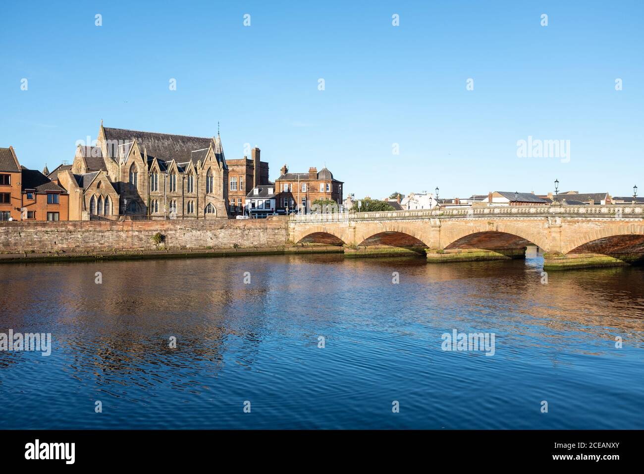 Bridge over the River Ayr in Scottish town of Ayr looking onto New Bridge Street, and North Harbour Street Stock Photo