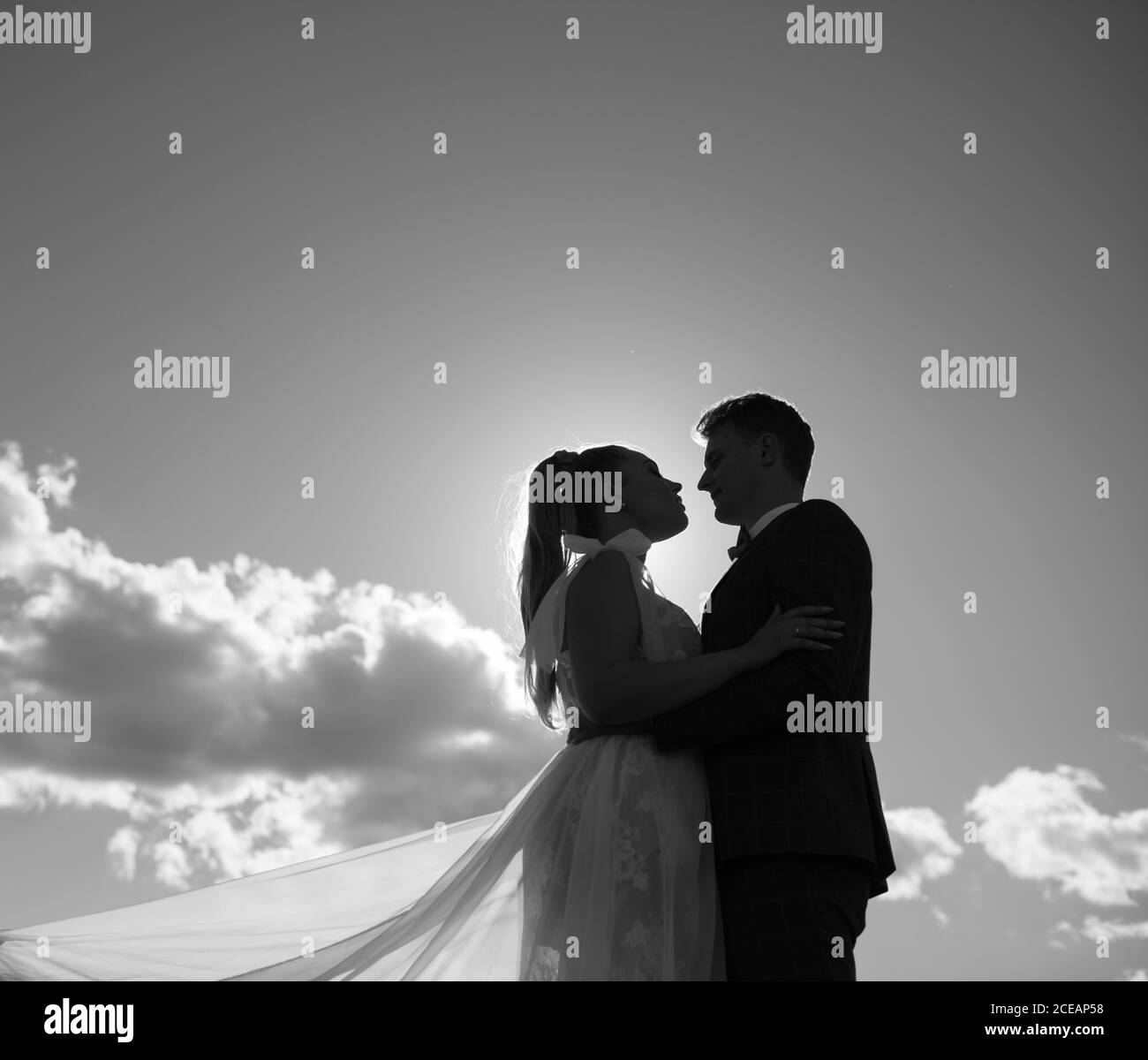Bride and groom looking each other with sky background Stock Photo - Alamy