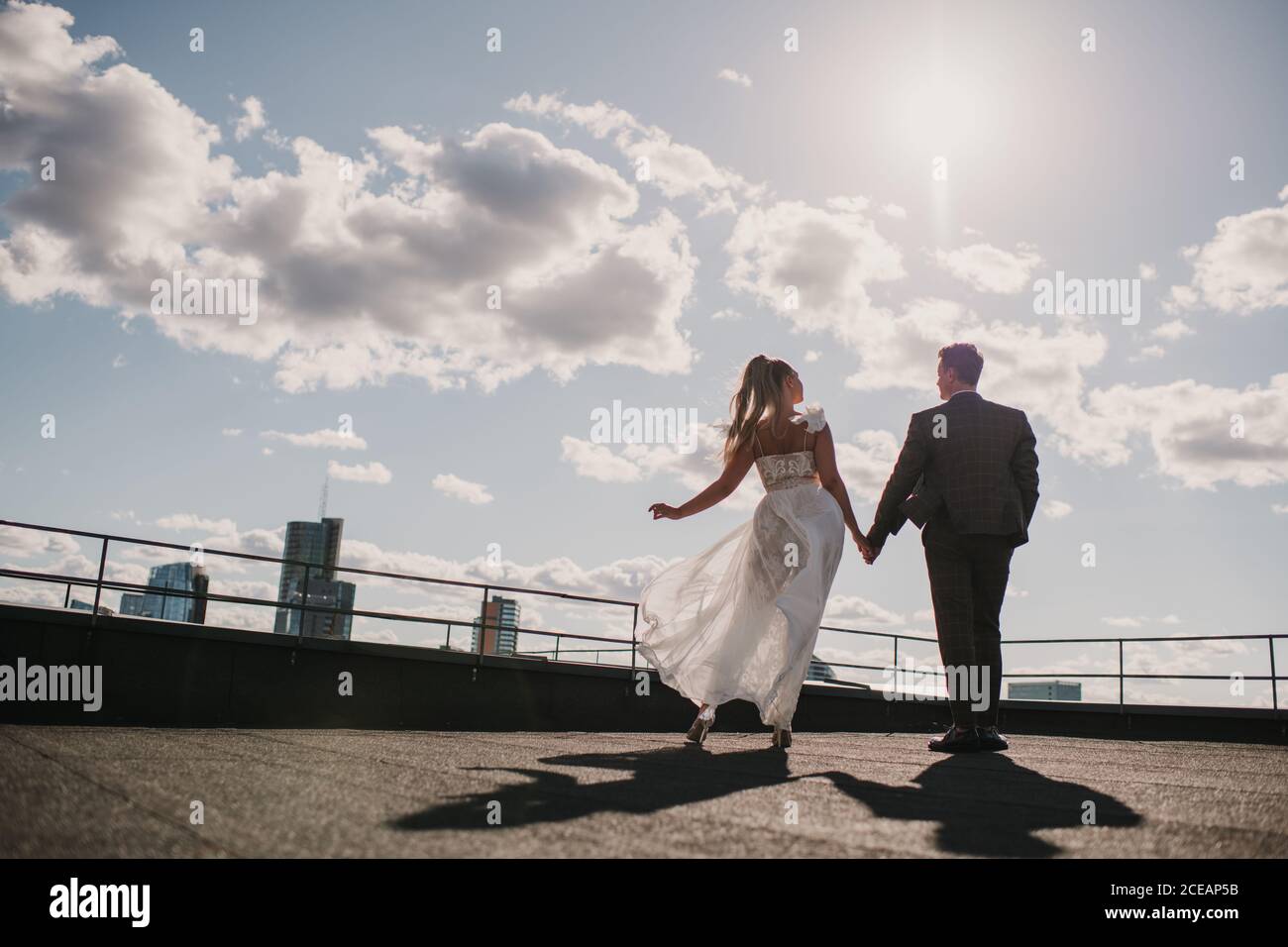 Back view of young newlywed couple holding hands and standing in sunny ...