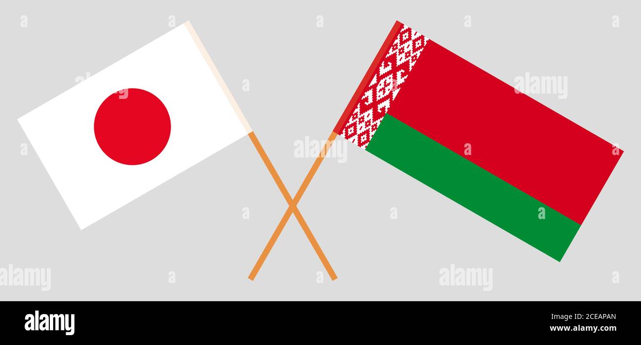 Crossed flags of Belarus and Japan. Official colors. Correct proportion