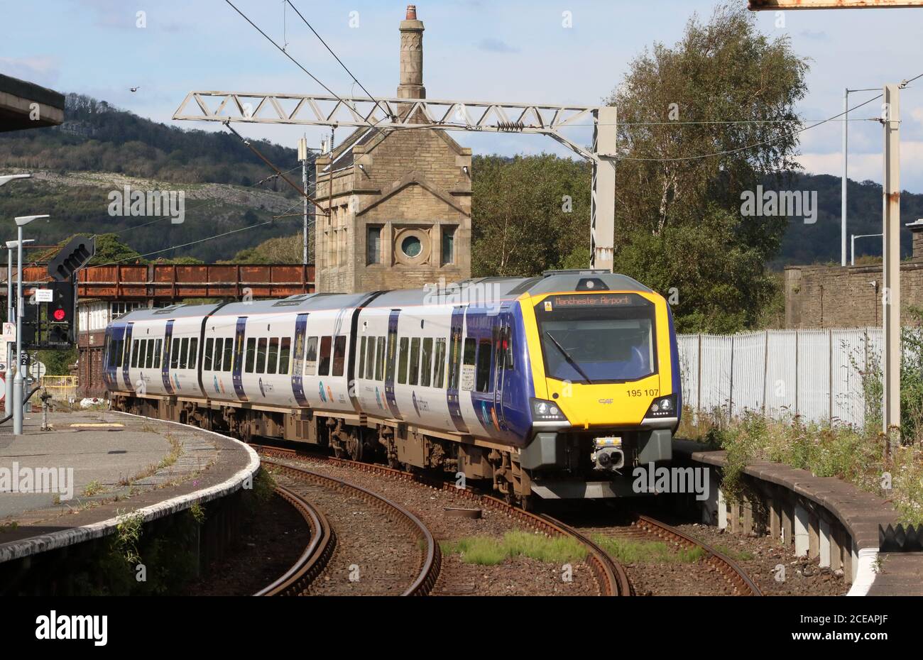 Northern trains class 195 civity diesel multiple-unit arriving at Carnforth railway station platform 1 on Monday 31st August 2020. Stock Photo