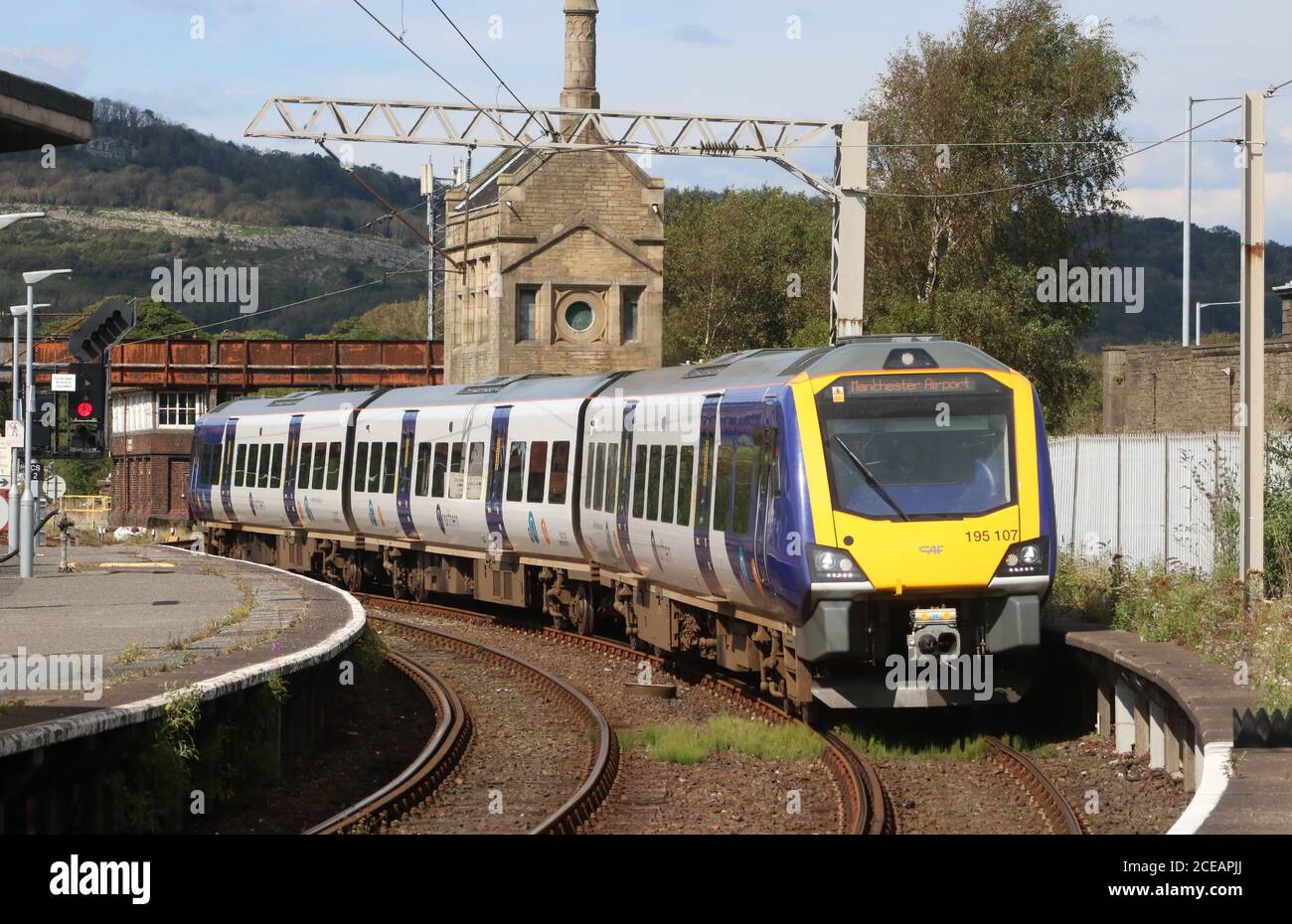 Northern trains class 195 civity diesel multiple-unit arriving at Carnforth railway station platform 1 on Monday 31st August 2020. Stock Photo