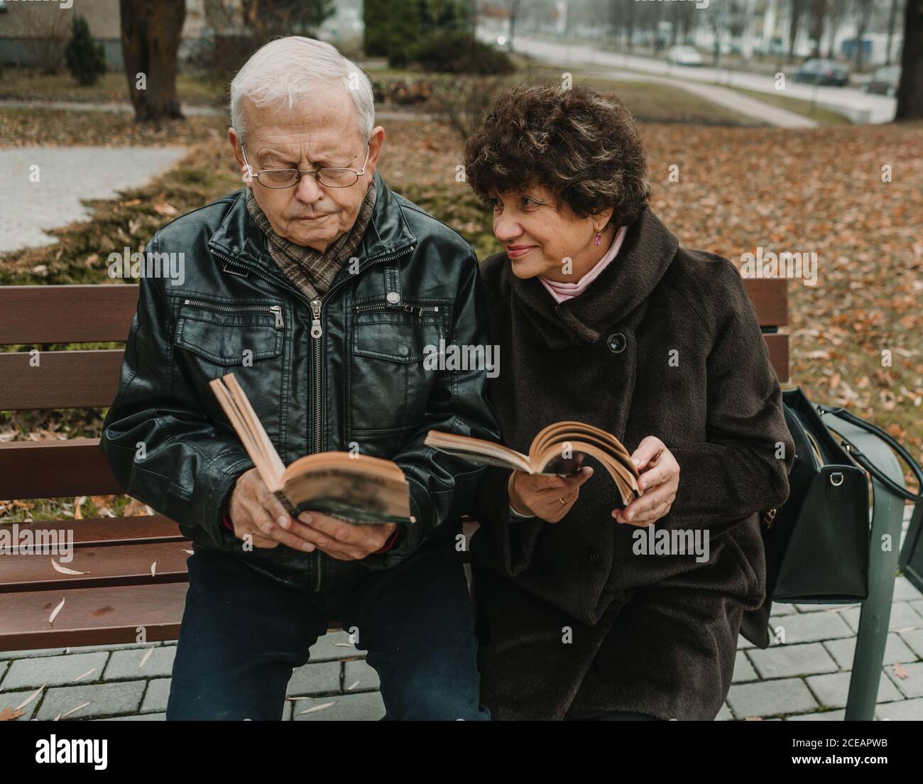 Senior couple reading books in park Stock Photo