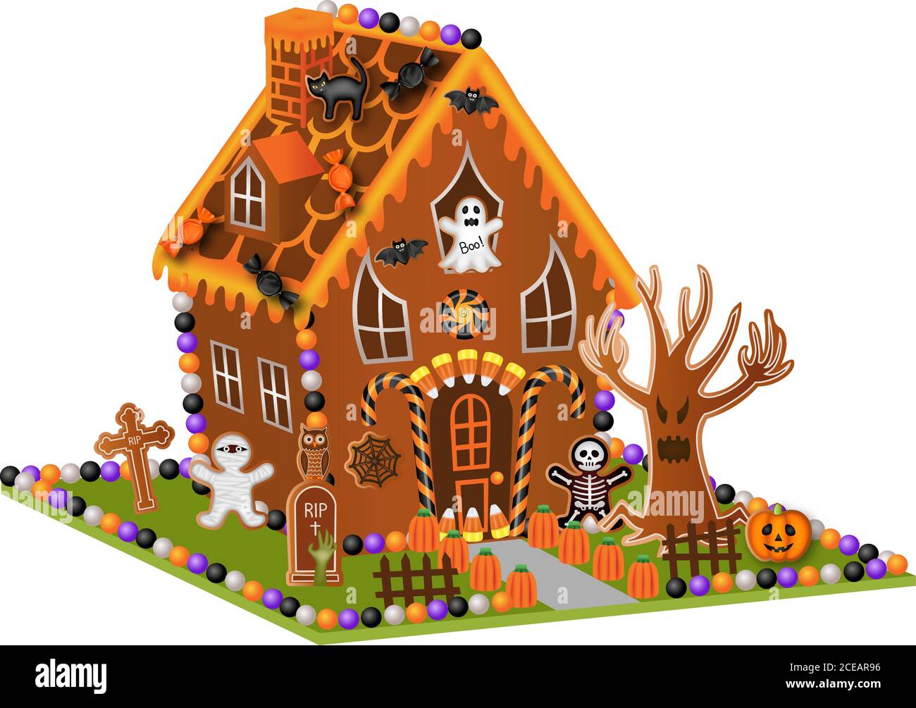 halloween gingerbread house with cookies and candies Stock Vector
