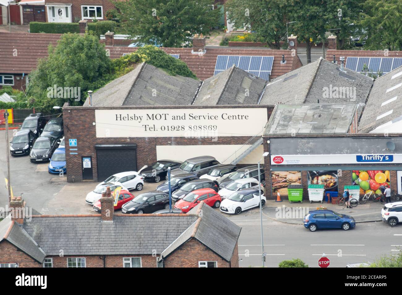 Helsby MOT and Service Centre, Helsby, Frodsham, Cheshire UK. Taken from Helsby Hill. Stock Photo