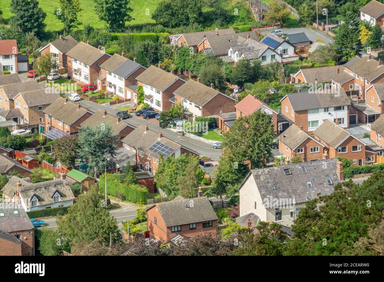 Residential streets with houses in Helsby, Frodsham, Cheshire UK. Taken