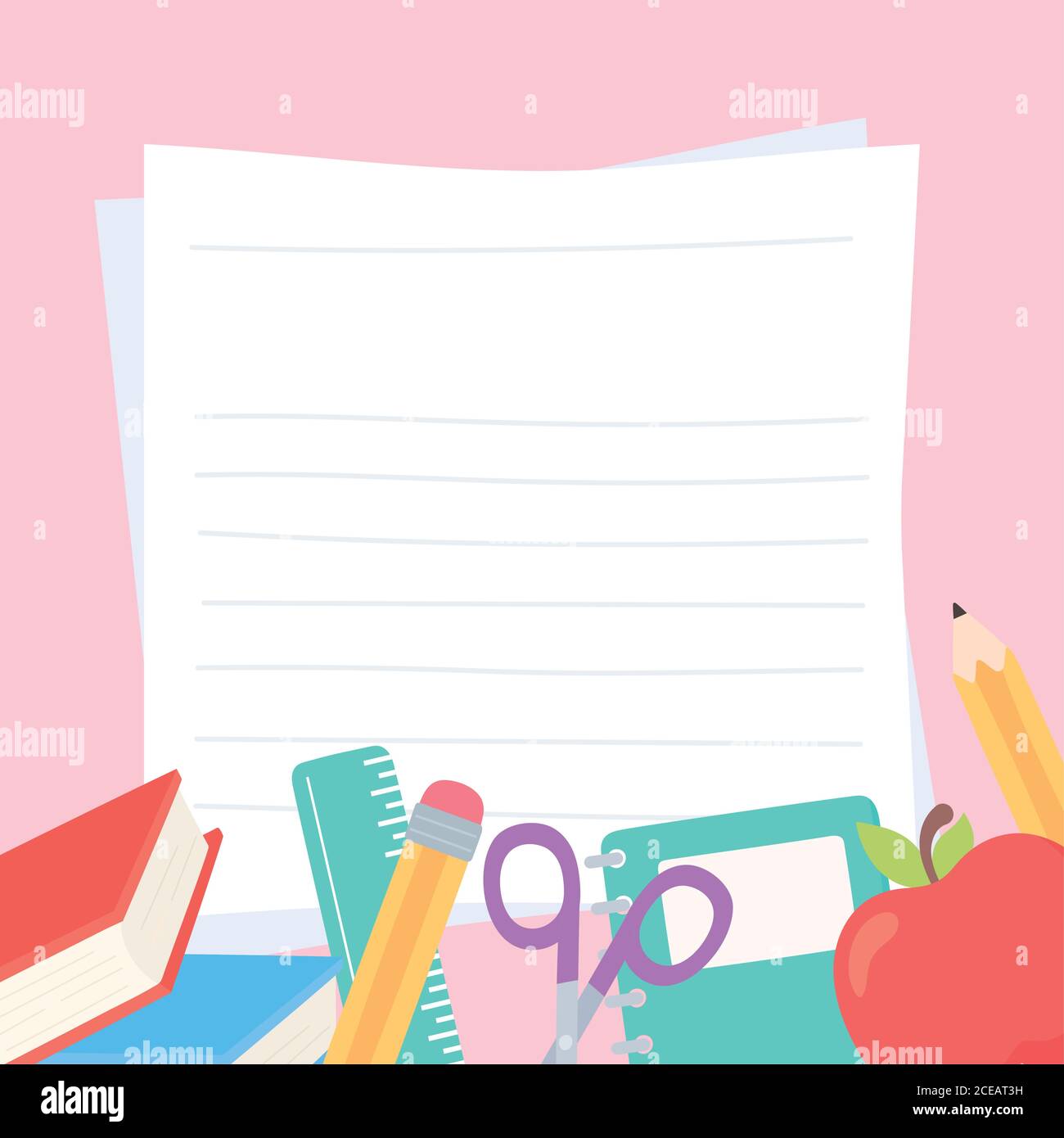 school supplies stationary scissors ruler book pencil apple and papers ...