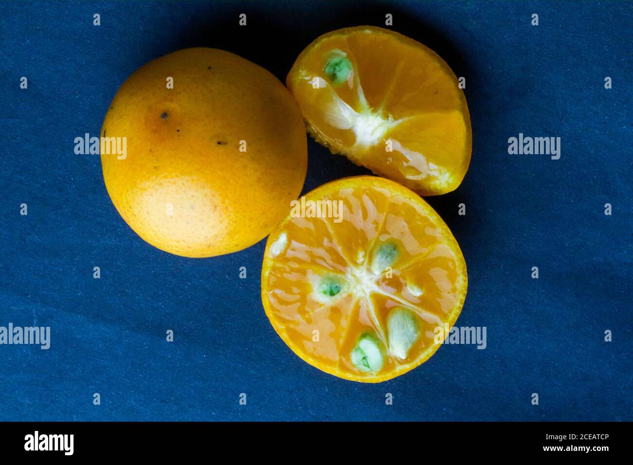 Three oranges with orange color isolated on dark blue background Stock Photo