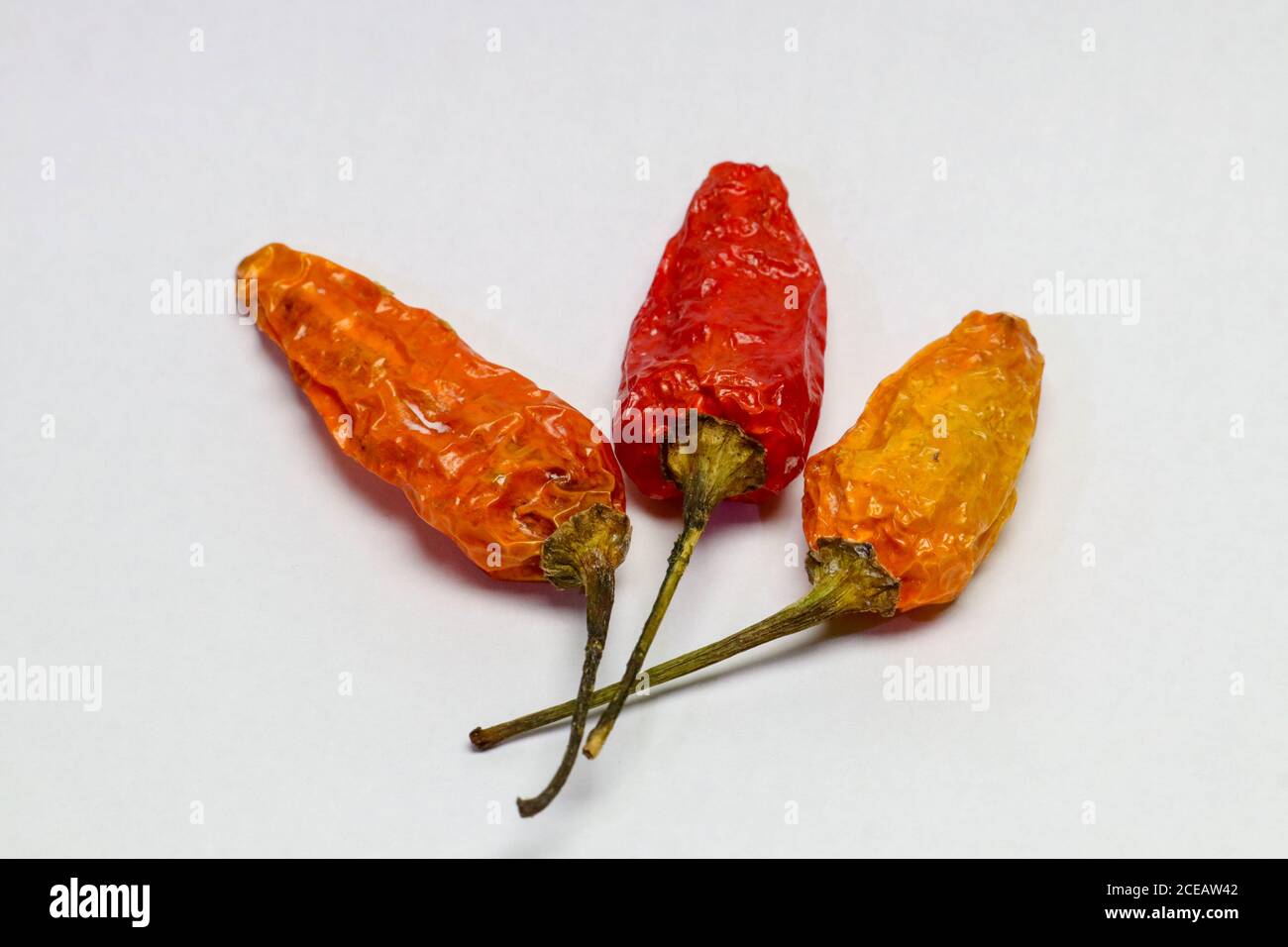 three dry red bird's eye chilies isolated on a white background Stock Photo