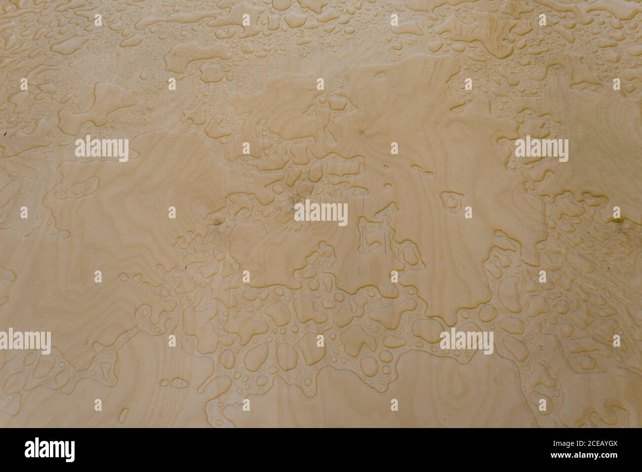 Wet wood background, water drops on plywood surface after the rain
