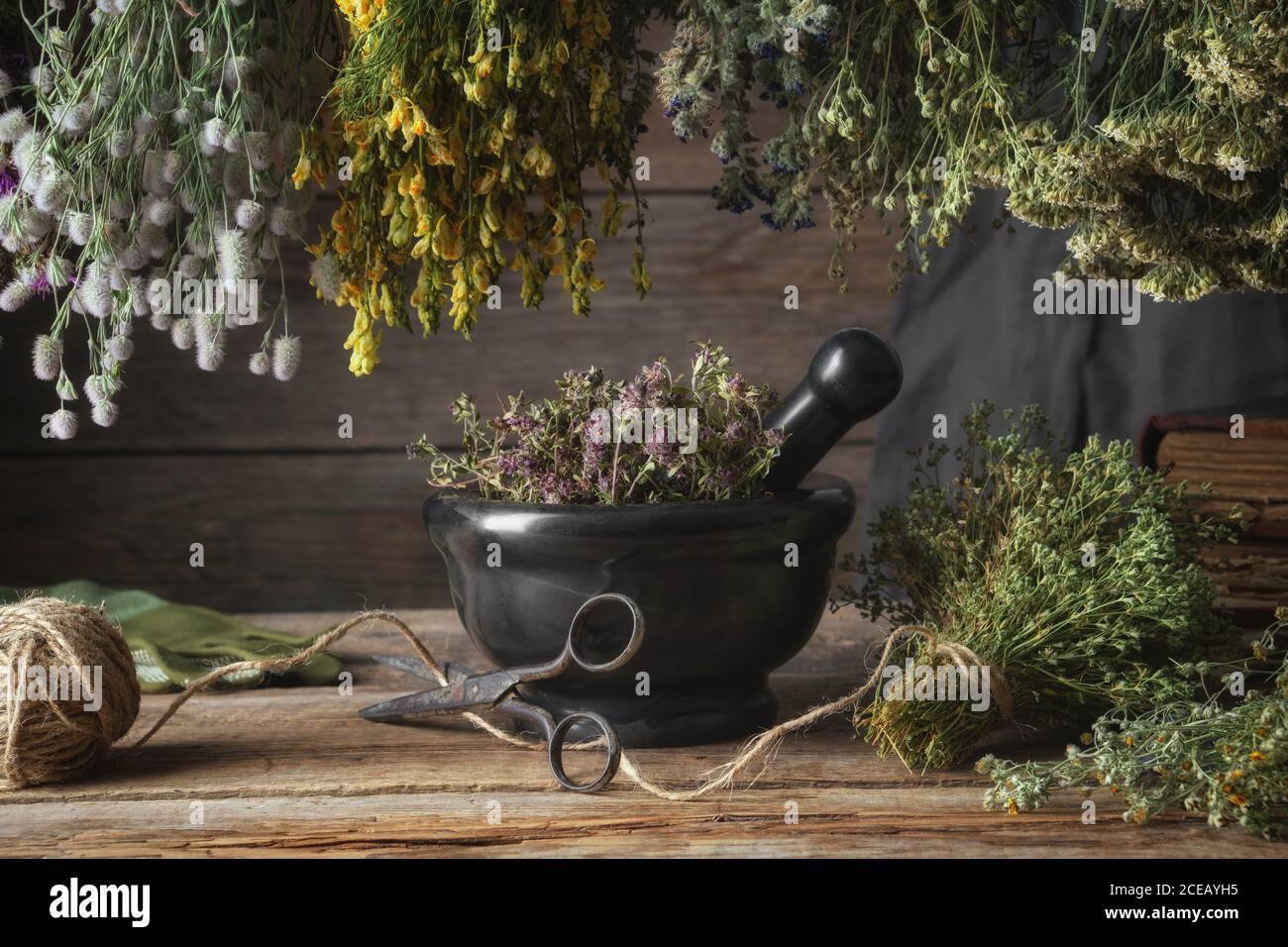 Hanging bunches of medicinal herbs, black stone mortar with dried plants. Alternative medicine. Stock Photo