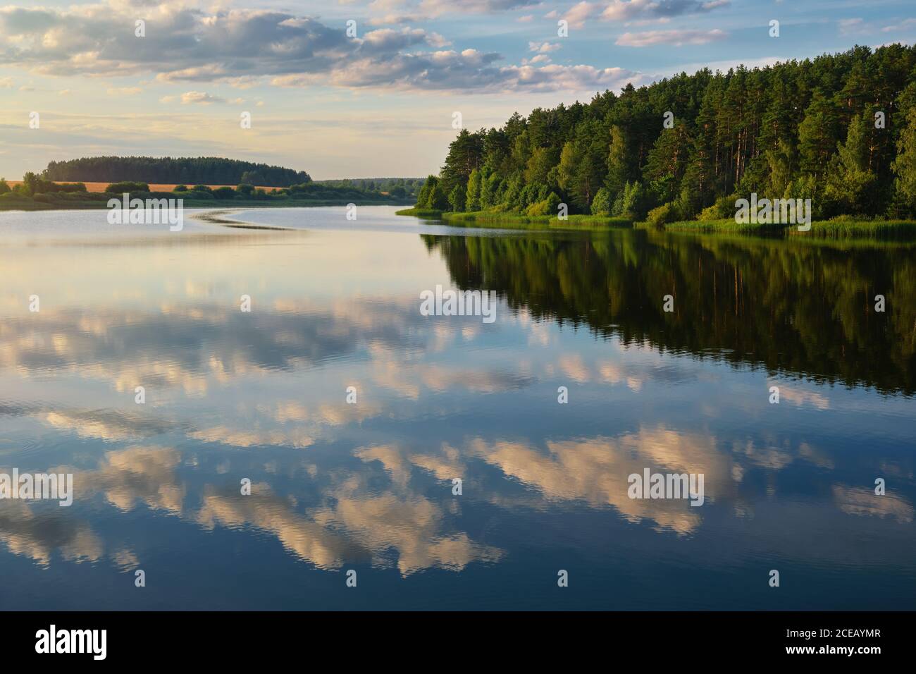 Beautiful tranquil lake with cloud reflection. Reservoir Petrovichi on the Volma river, Minsk region, Belarus. Stock Photo