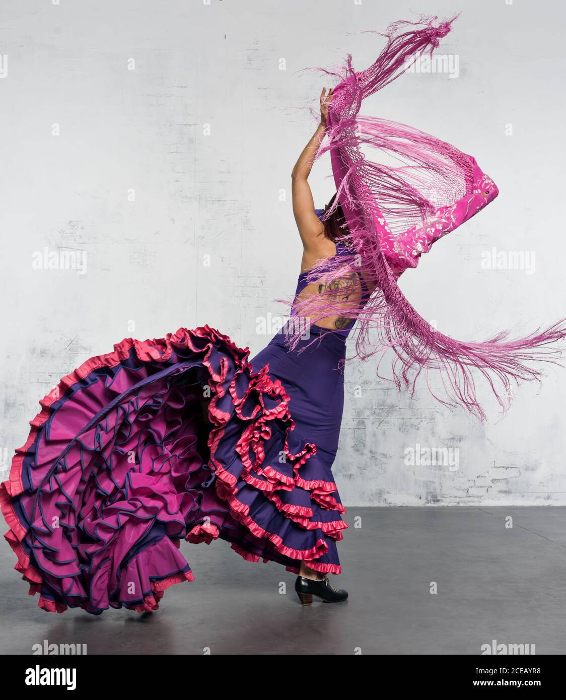 Flamenco dancer in action with the typical Spanish dance costume. High  speed and movement Stock Photo - Alamy