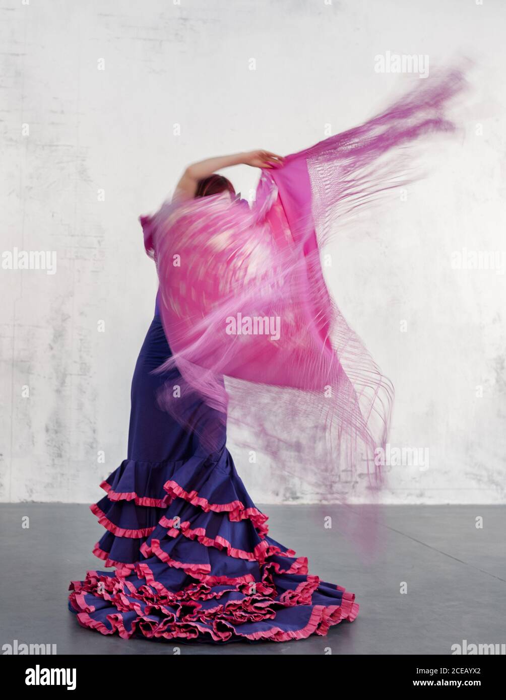 Flamenco dancer in action with the typical Spanish dance costume. High