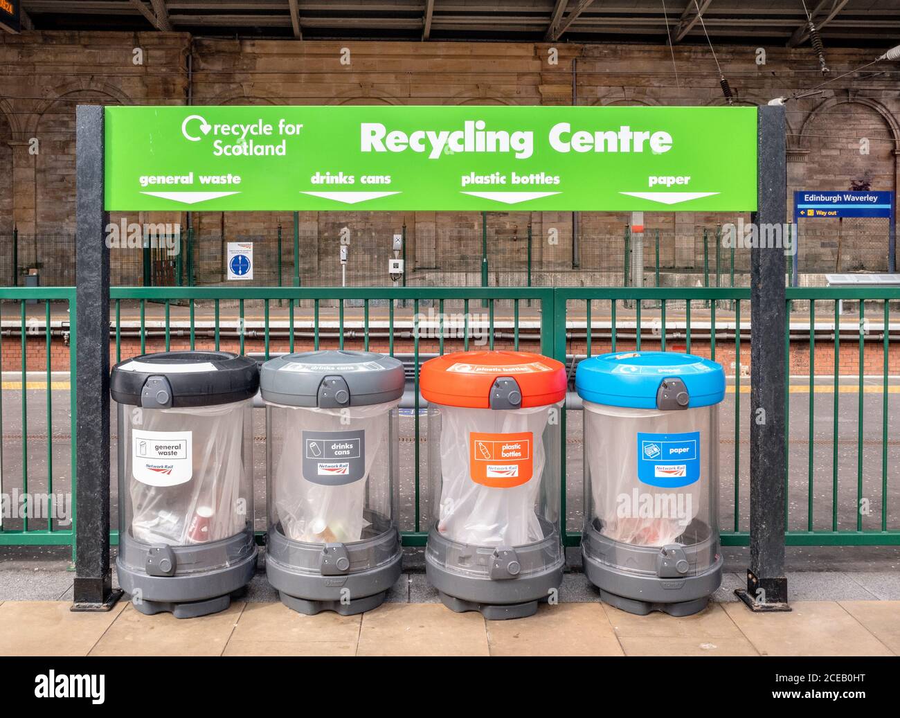 Recycling Centre in Waverley Station, Edinburgh, Scotland, UK. Stock Photo