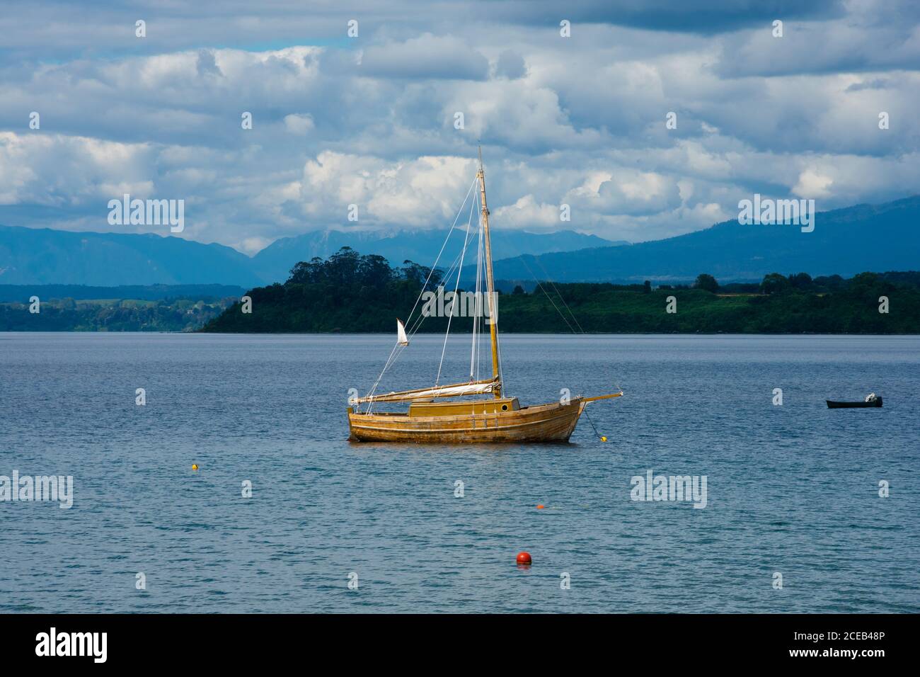 View of a wooden boat in Llanquihue Lake. Puerto Varas, Chile Stock Photo