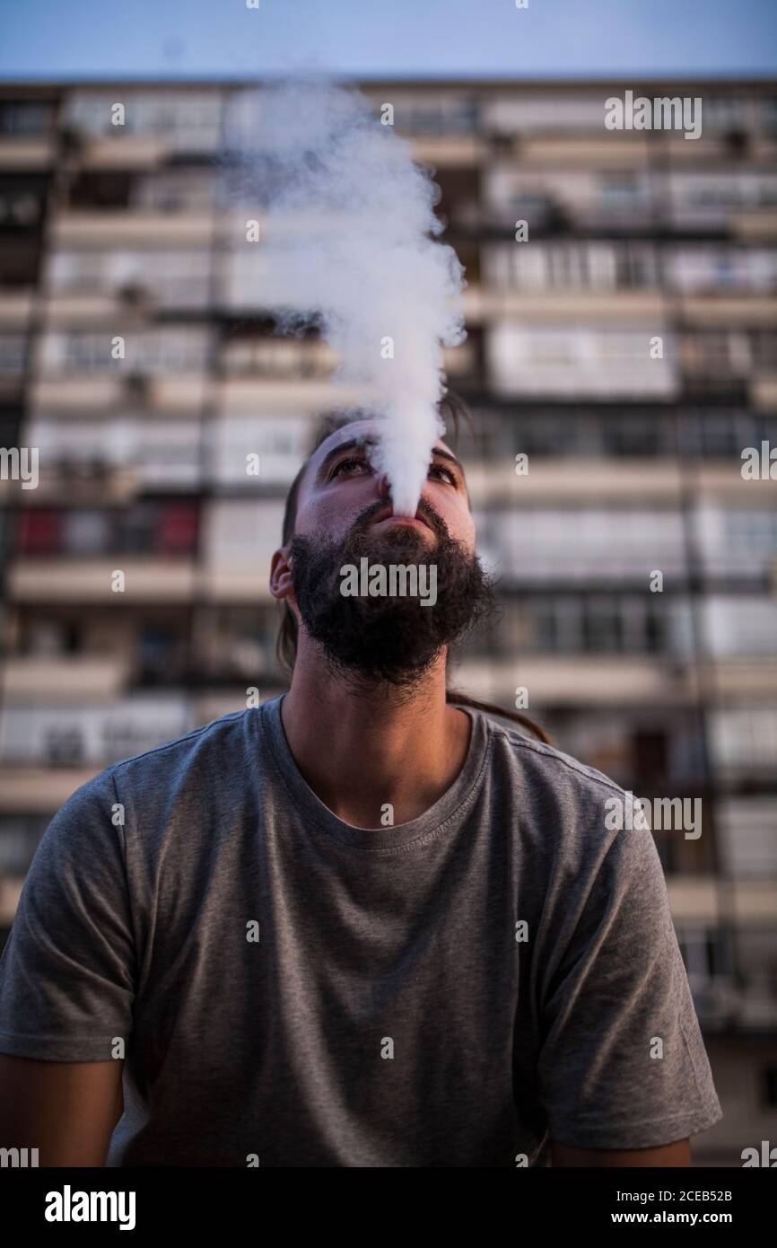 young and Caucasian Rastafarian man smoking and exposing smoke and look up Stock Photo