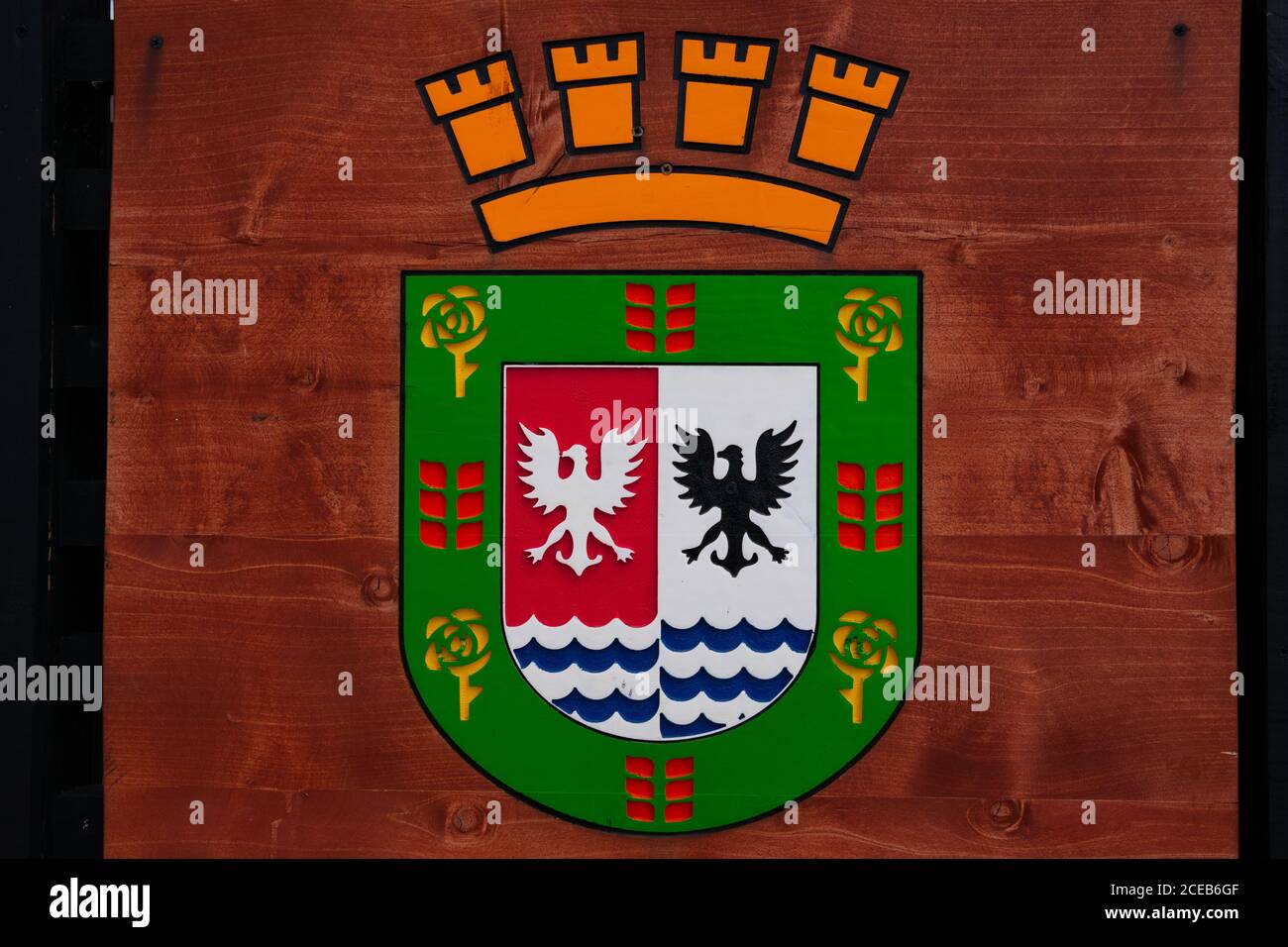 Puerto Varas, Chile. February 13, 2020. View Puerto Varas Coat of Arms Stock Photo