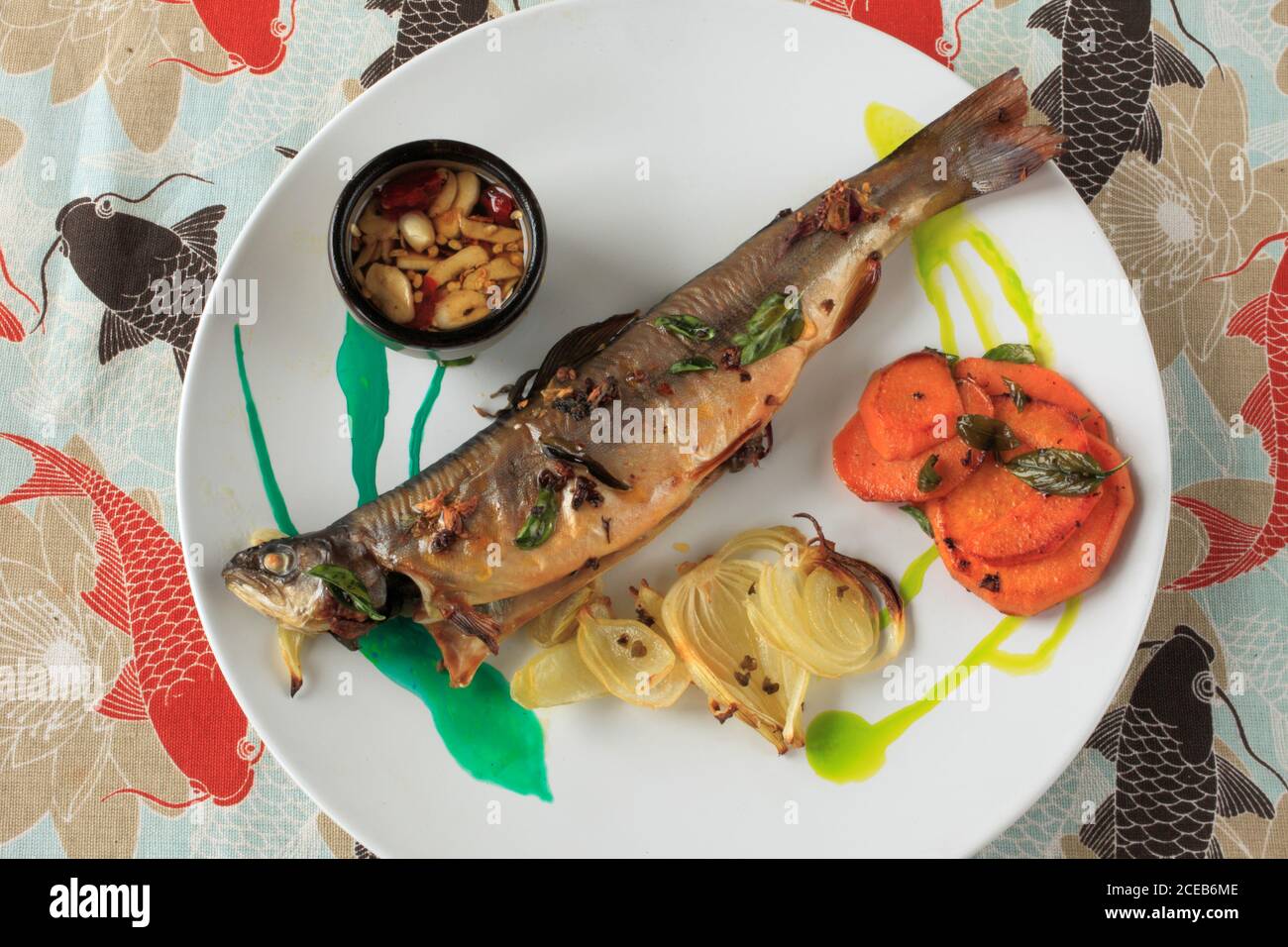 Arctic char; fish; oven baked, thai basil; onions; sweet potatoes, thai style dipping sauce