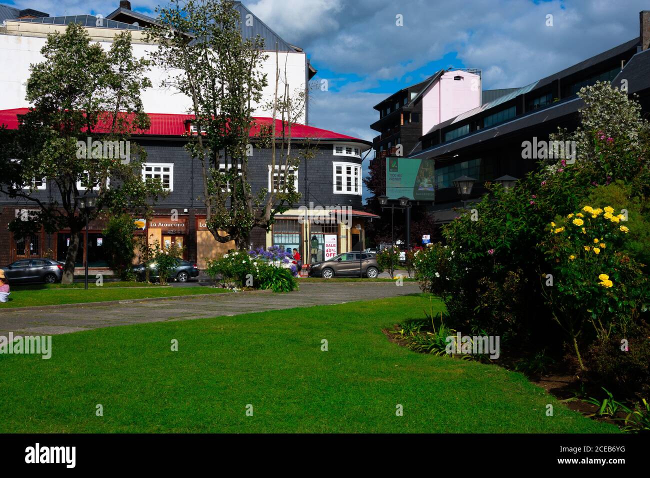 Puerto Varas, Chile. February 13, 2020. View of Main Square (Plaza de Armas) Stock Photo