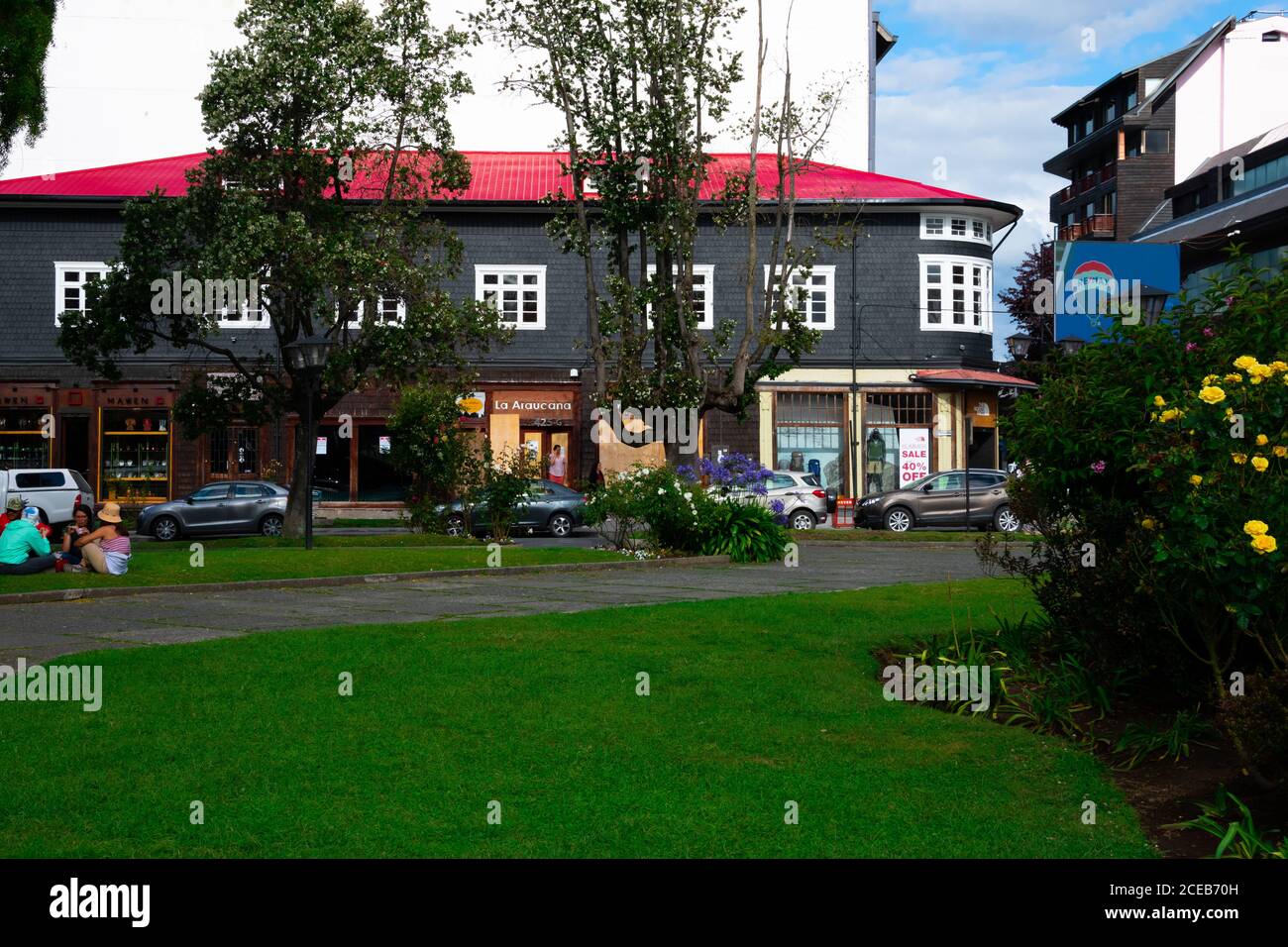 Puerto Varas, Chile. February 13, 2020. View of Main Square (Plaza de Armas) Stock Photo