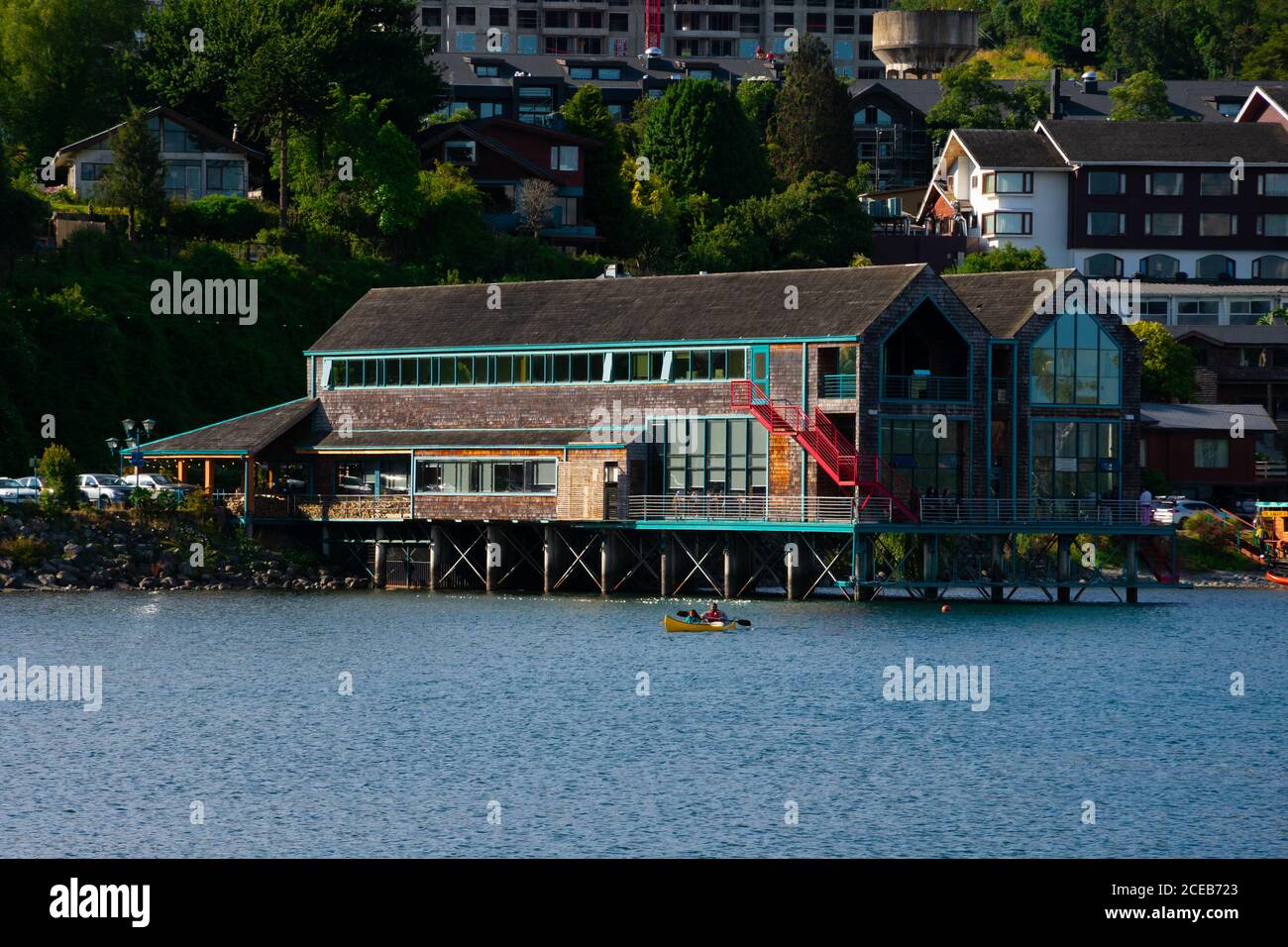 Puerto Varas, Chile. February 13, 2020. View of a restauranton a pier in Llanquihue Lake Stock Photo