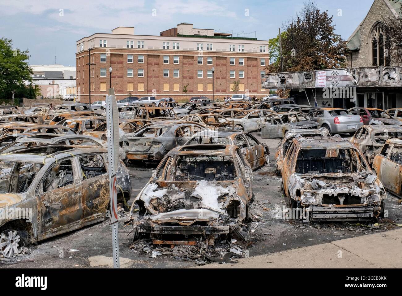 Kenosha, United States. 31st Aug, 2020. The remains of vehicles are on the lot of Car Source, a pre-owned vehicle dealership, are shown on Monday, August 31, 2020, after they were torched by protesters during demonstrations against the shooting in the back of a Jacob Blake, an unarmed Black man last week in Kenosha, Wisconsin. Photo by Alex Wroblewski/UPI Credit: UPI/Alamy Live News Stock Photo