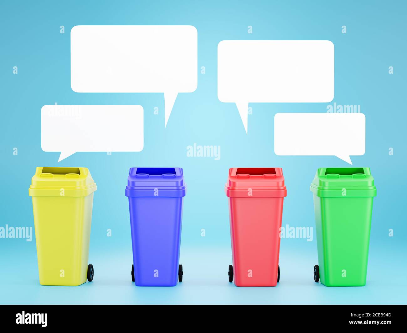 Set of colored bins to separate each type of waste for easier recycling. Realistic trash can of various colors and blank text boxes. Concept of saving Stock Photo