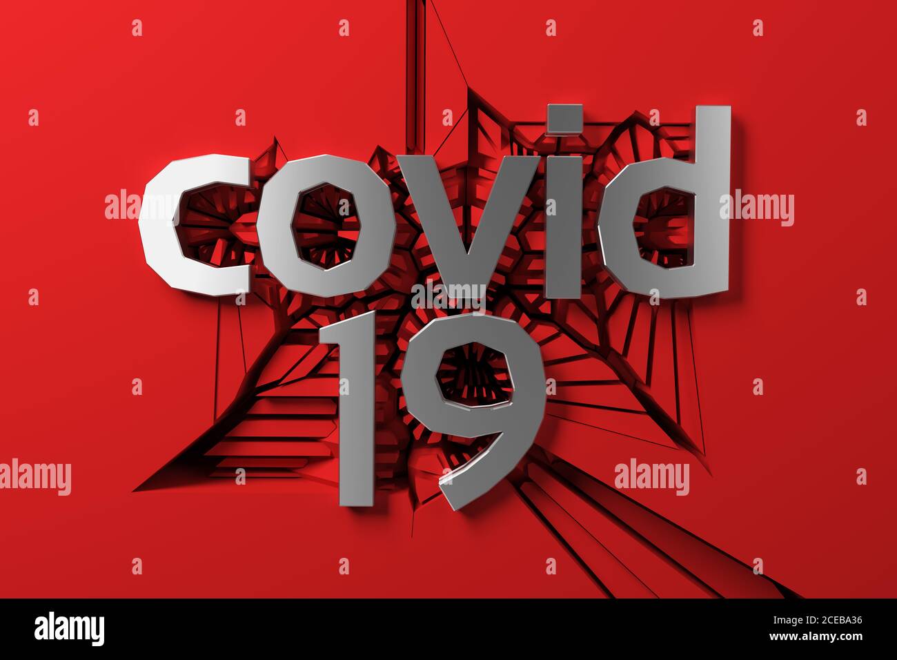 covid 19 metal steel lettering of three dimensional letters and numbers against a cracking red wall. 3d illustration Stock Photo