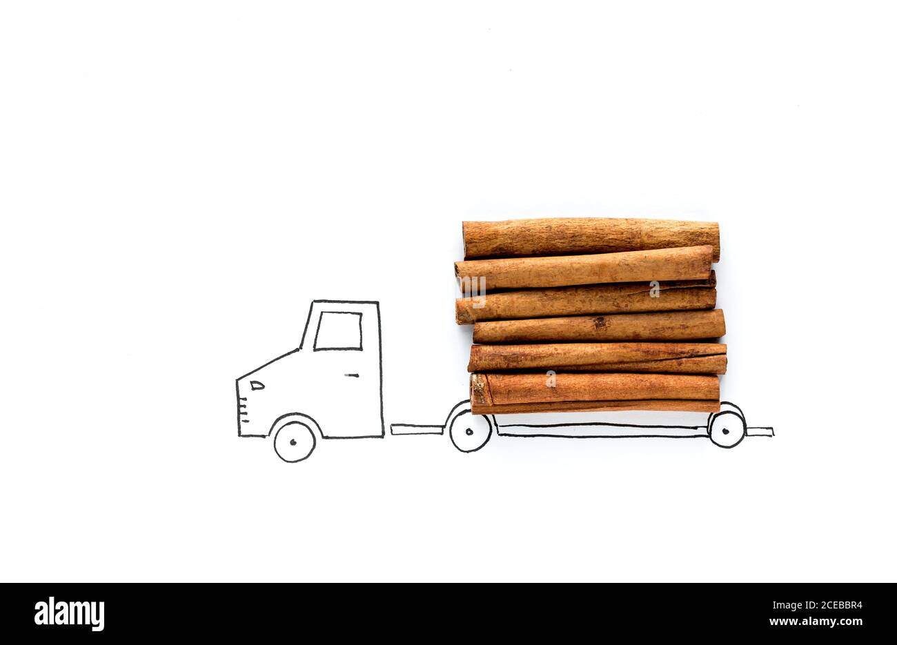 Drawing of  truck cinnamon sticks. Flat lay. Top view Stock Photo