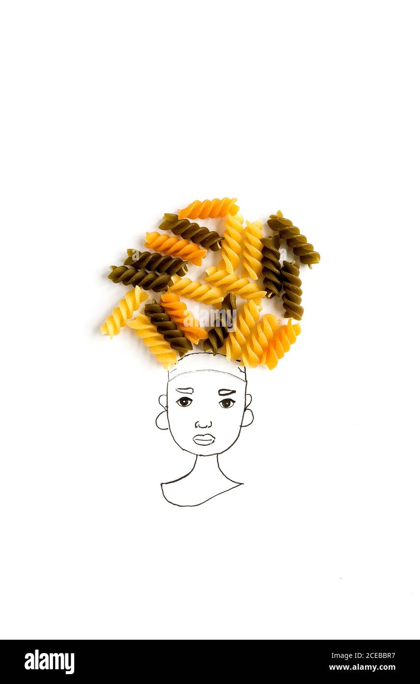 Drawing of head of Woman with italian pasta hair. Flat lay. Top view
